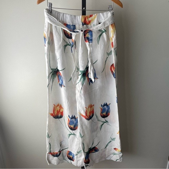 Linen Wide Leg Floral Trouser Pants High Rise White Italian Italy Size Large XL - Picture 2 of 5